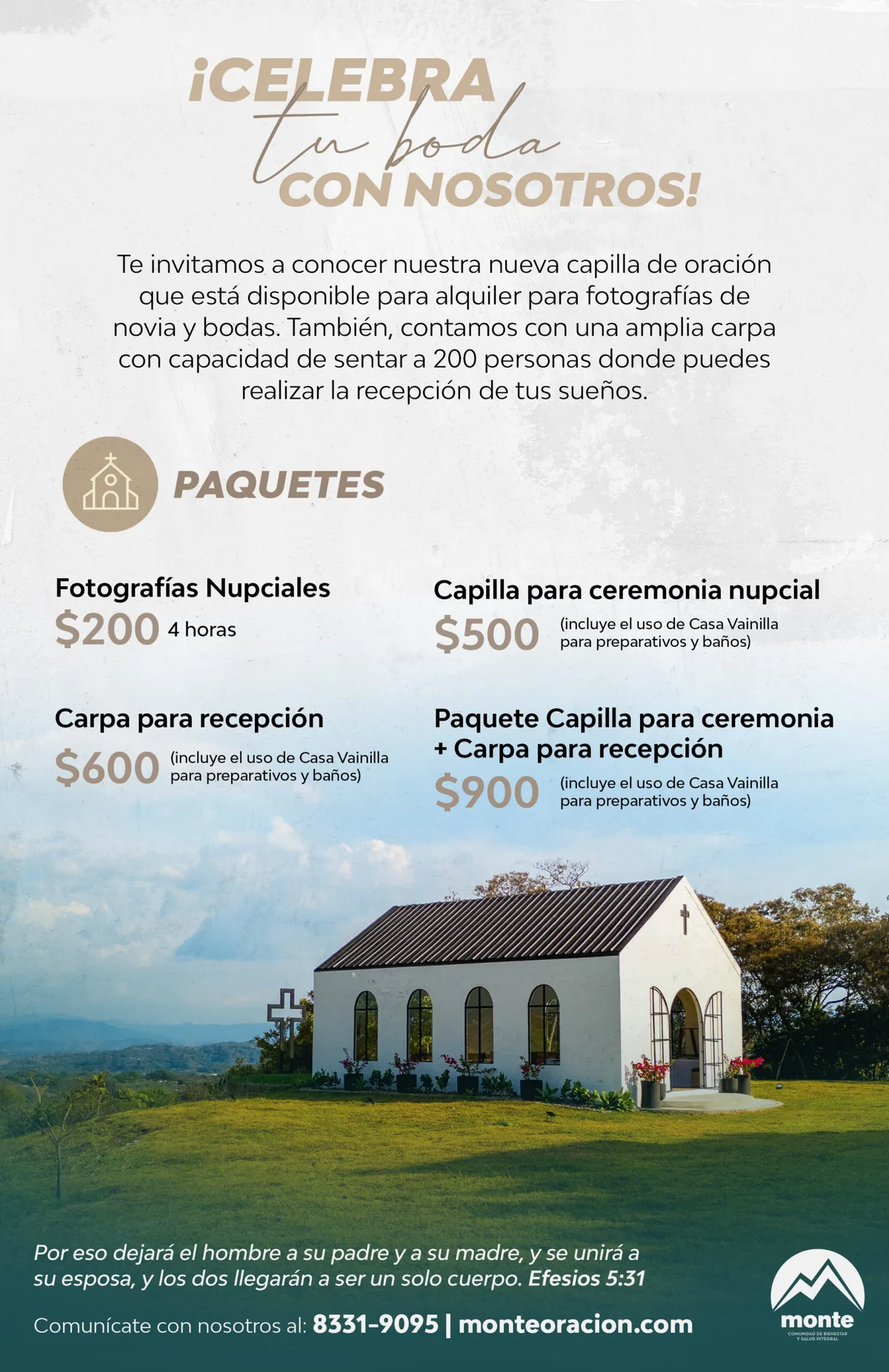 Paquetes y precios de bodas en Monte de Oración