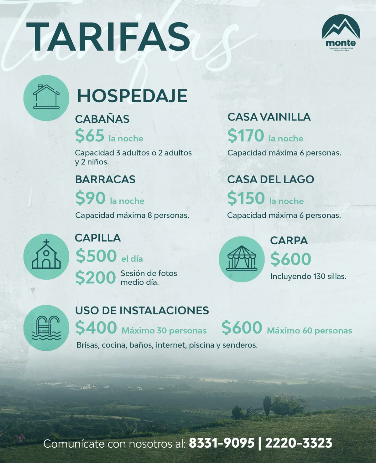 Tabla de tarifas generales de hospedaje, capilla y uso de instalaciones en Monte de Oración